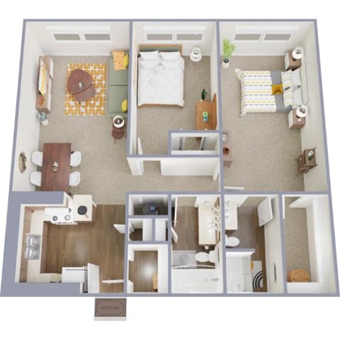 Floor plan for 2 beds, 2 baths, 960 sqft
