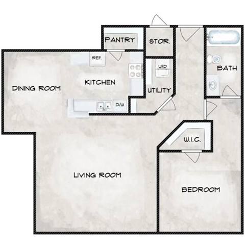 Floor plan for 1 bed, 1.5 baths, 920 sqft
