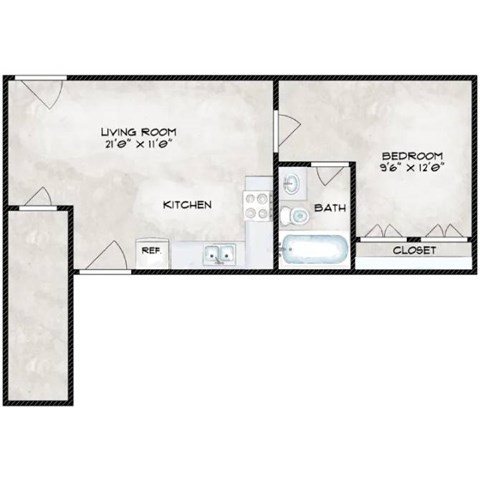 Floor plan for 1 bed, 1 bath, 518 sqft