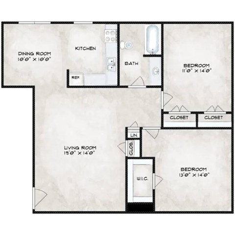 Floor plan for 2 beds, 1 bath, 1000 sqft