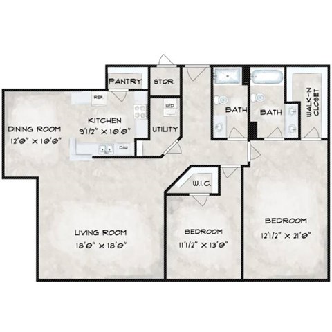 Floor plan for 2 beds, 2 baths, 1386 sqft