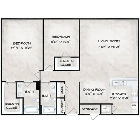 Floor plan for 2 beds, 2 baths, 1386 sqft
