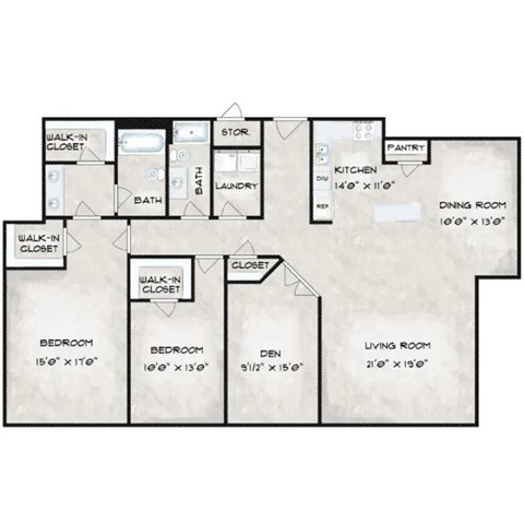 Floor plan for 3 beds, 2 baths, 1683 sqft