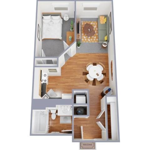 Floor plan for 1 bed, 1 bath, 653 sqft
