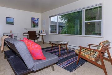 West Lafayette apartment for rent - A living room with a grey couch and a wooden chair.