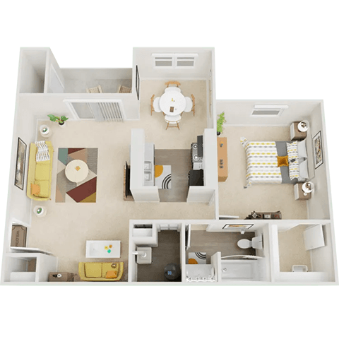 Floor plan for 1 bed, 1 bath, 671 sqft