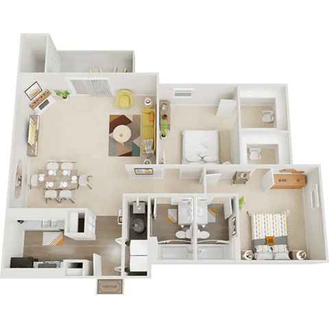 Floor plan for 2 beds, 2 baths, 975 sqft