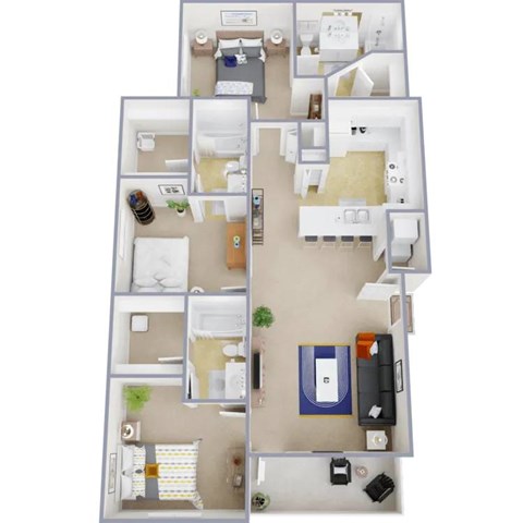 Floor plan for 3 beds, 3 baths, 1300 sqft