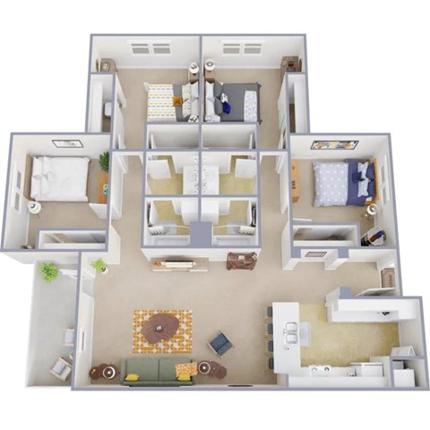 Floor plan for 4 beds, 2 baths, 1456 sqft