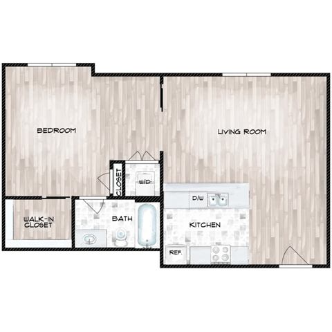 Floor plan for 1 bed, 1 bath, 611 sqft
