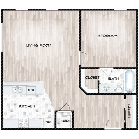 Floor plan for 1 bed, 1 bath, 664 sqft
