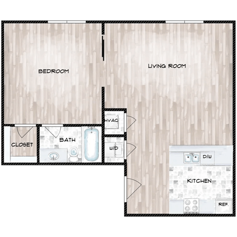 Floor plan for 1 bed, 1 bath, 797 sqft