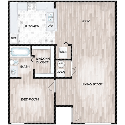 Floor plan for 1 bed, 1 bath, 845 sqft