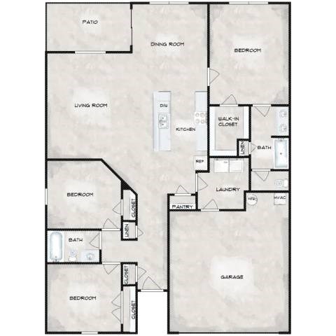 Floor plan for 3 beds, 2 baths, 1590 sqft