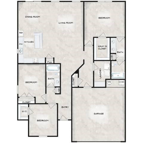 Floor plan for 3 beds, 2 baths, 1559 sqft