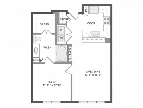 Floor plan for 1 bed, 1 bath, 699 sqft