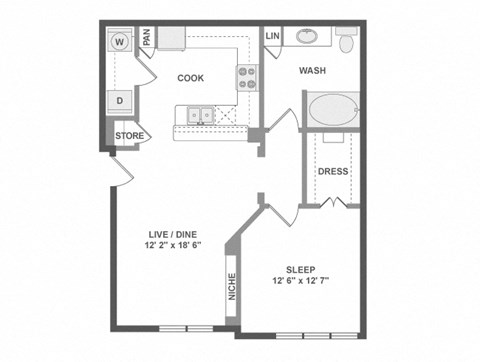 Floor plan for 1 bed, 1 bath, 762 sqft