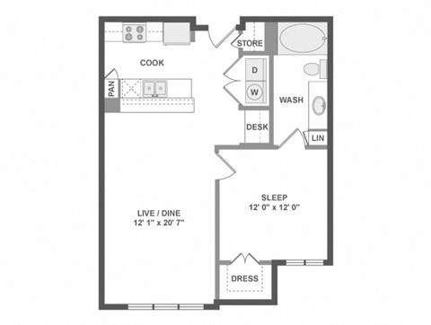 Floor plan for 1 bed, 1 bath, 711 sqft