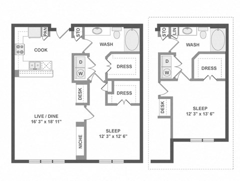 Floor plan for 1 bed, 1 bath, 864 sqft
