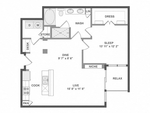 Floor plan for 1 bed, 1 bath, 894 sqft
