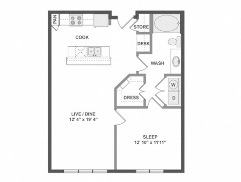 Floor plan for 1 bed, 1 bath, 886 sqft