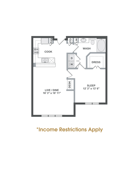 Floor plan for 1 bed, 1 bath, 875 sqft