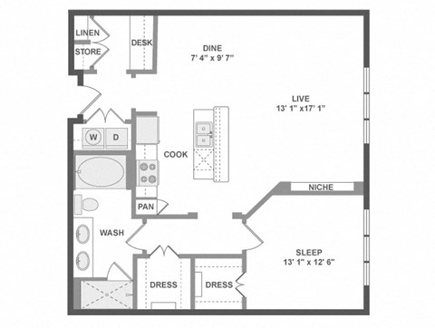 Floor plan for 1 bed, 1 bath, 934 sqft