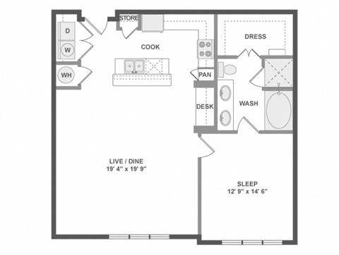 Floor plan for 1 bed, 1 bath, 966 sqft