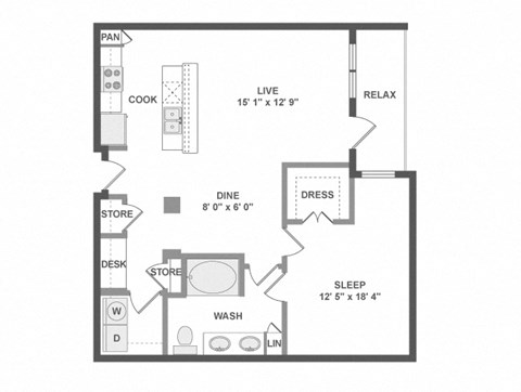 Floor plan for 1 bed, 1 bath, 908 sqft