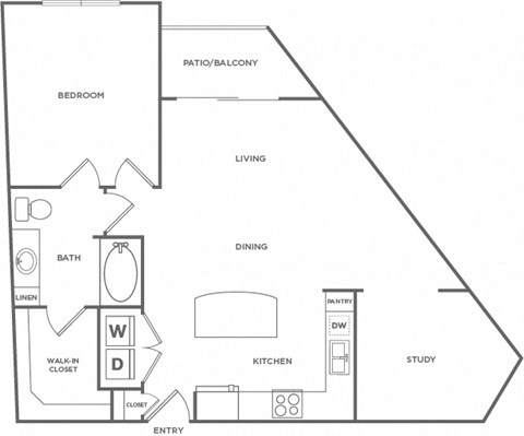 Floor plan for 1 bed, 1 bath, 1047 sqft