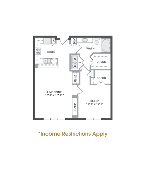 Floor plan for 1 bed, 1 bath