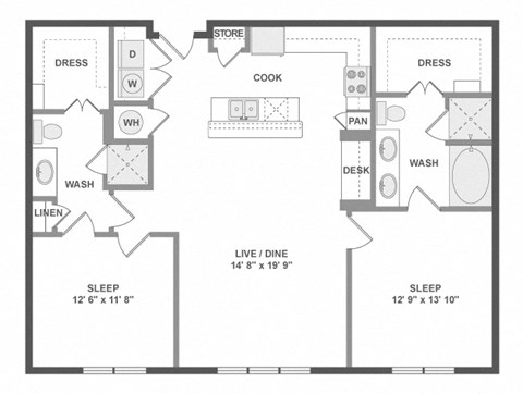 Floor plan for 2 beds, 2 baths, 1218 sqft