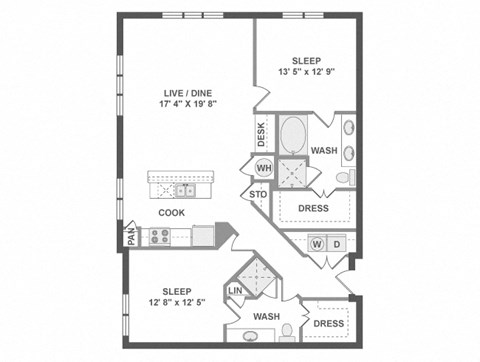 Floor plan for 2 beds, 2 baths, 1291 sqft
