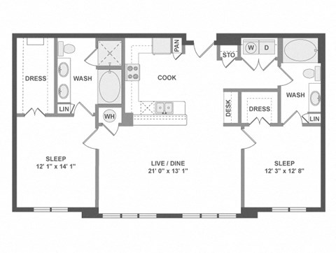 Floor plan for 2 beds, 2 baths, 1215 sqft