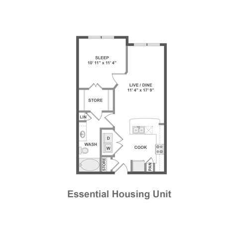 Floor plan for 1 bed, 1 bath, 643 sqft