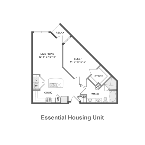 Floor plan for 1 bed, 1 bath, 805 sqft