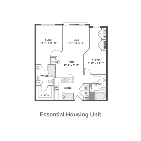 Floor plan for 2 beds, 2 baths, 1027 sqft