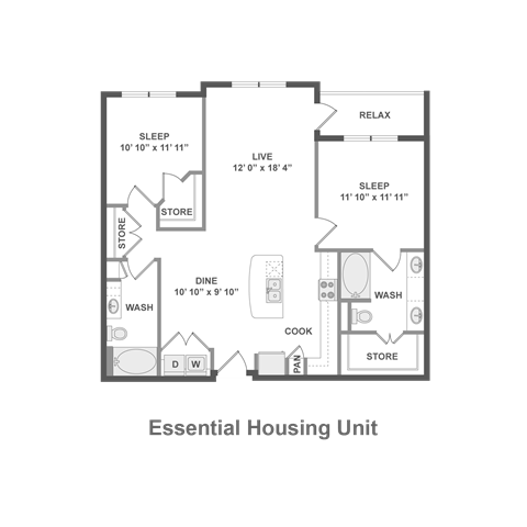 Floor plan for 2 beds, 2 baths, 1117 sqft