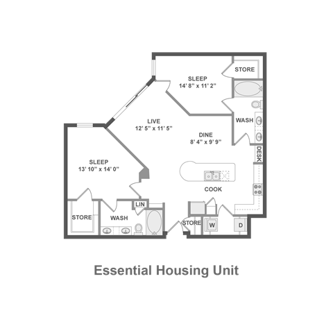 Floor plan for 2 beds, 2 baths, 1181 sqft