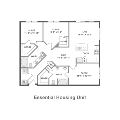 Floor plan for 3 beds, 2 baths, 1350 sqft