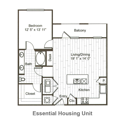 Floor plan for 1 bed, 1 bath, 879 sqft