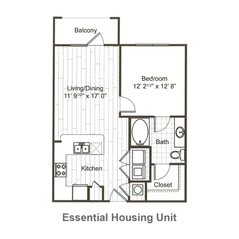 Floor plan for 1 bed, 1 bath, 672 sqft