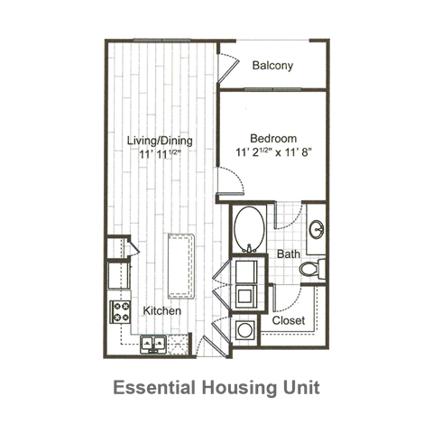 Floor plan for 1 bed, 1 bath, 698 sqft