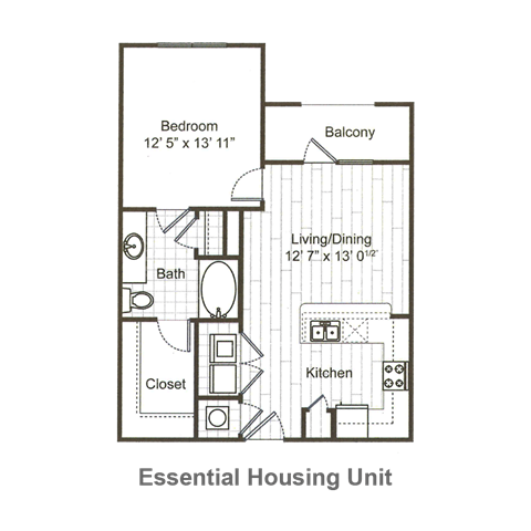 Floor plan for 1 bed, 1 bath, 723 sqft