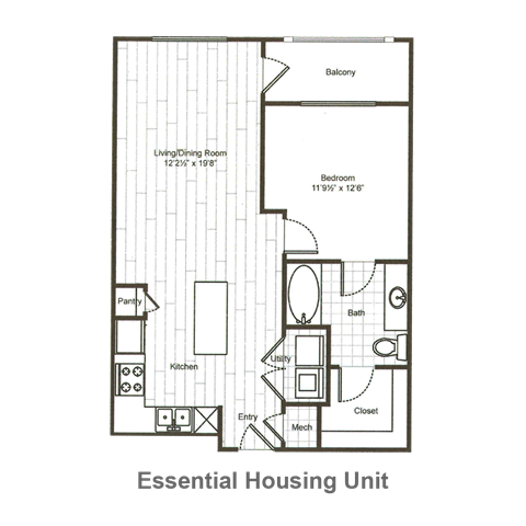 Floor plan for 1 bed, 1 bath, 723 sqft