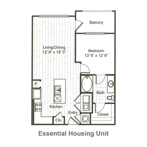 Floor plan for 1 bed, 1 bath, 763 sqft