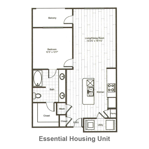 Floor plan for 1 bed, 1 bath, 844 sqft