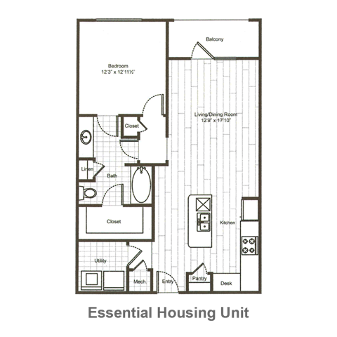 Floor plan for 1 bed, 1 bath, 877 sqft