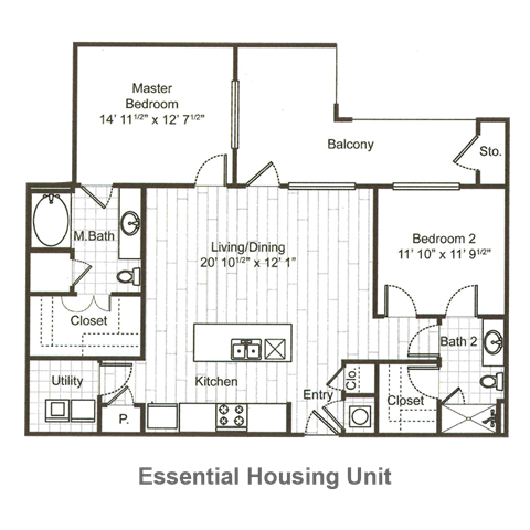 Floor plan for 2 beds, 2 baths, 1180 sqft