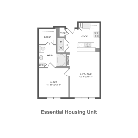 Floor plan for 1 bed, 1 bath, 699 sqft